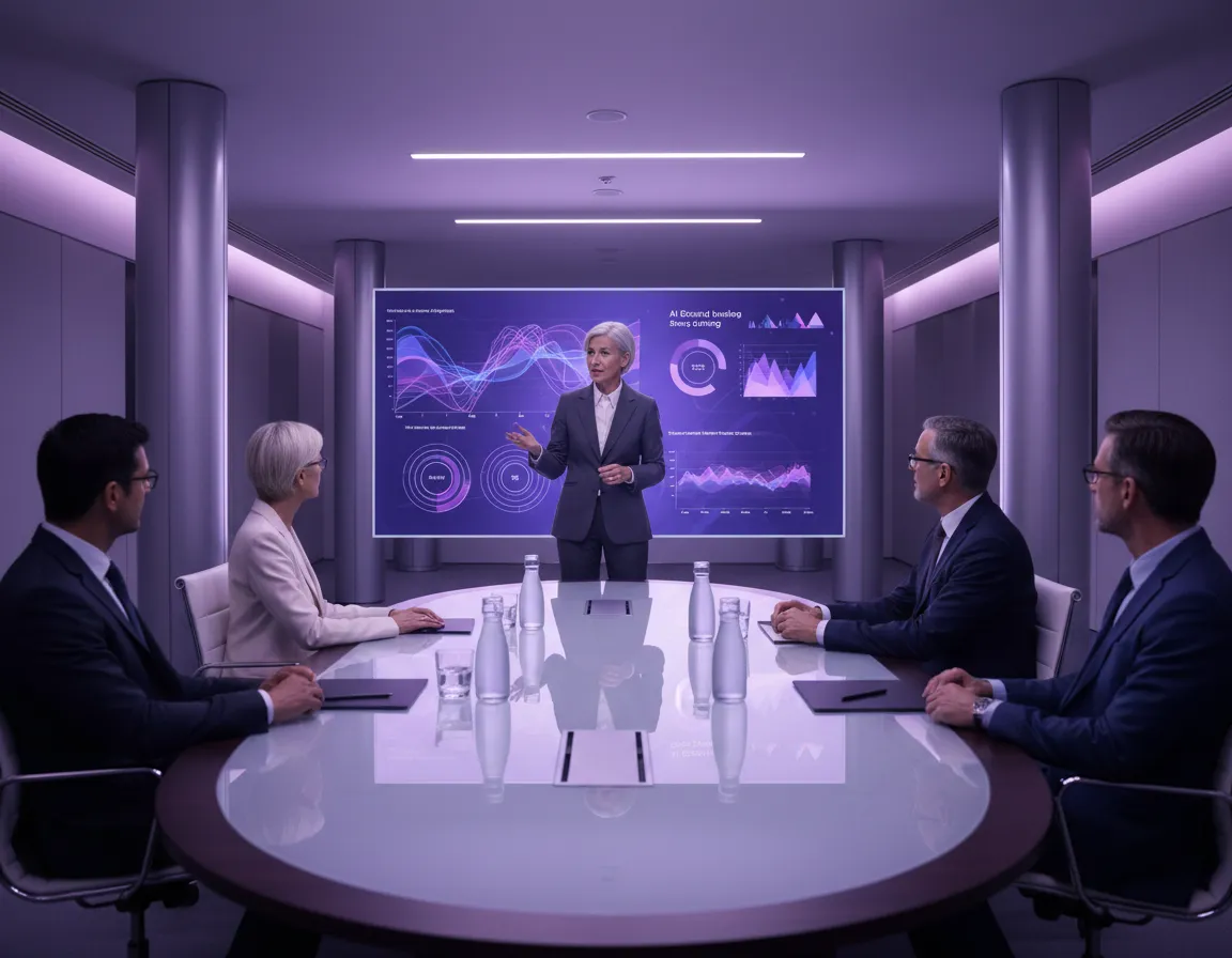 Executive team in a modern boardroom reviewing AI strategy dashboards with purple and lavender tones